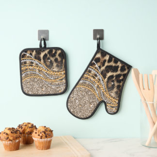 Ensemble De Gant De Cuisine Et De Manique Beau Poster de animal tendance Leopard Faux