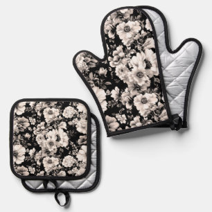 Ensemble De Gant De Cuisine Et De Manique Beau ton sépia noir et clair floral