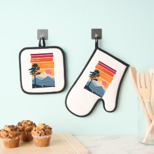 Ensemble De Gant De Cuisine Et De Manique Beauté de la nature de montagne au coucher du sole