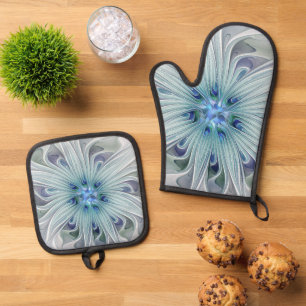Ensemble De Gant De Cuisine Et De Manique Beauté florale Abstrait Moderne Fleur Pastel Bleu