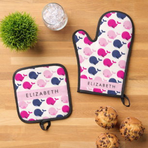 Ensemble De Gant De Cuisine Et De Manique Beaux Baleines, Motif De Baleines, Votre Nom