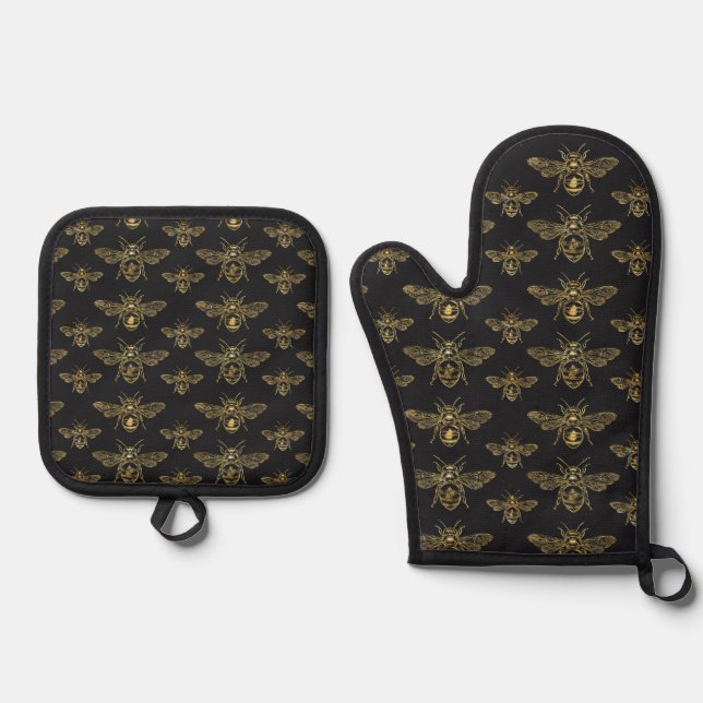 Ensemble De Gant De Cuisine Et De Manique Bee Motif Queen Gold Black (Recto)