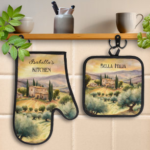 Ensemble De Gant De Cuisine Et De Manique Bella Italia Paysage toscan Italie