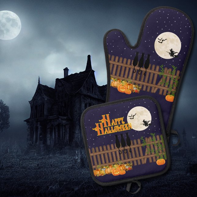 Ensemble De Gant De Cuisine Et De Manique Belle Pleine lune nocturne d'Halloween (Dress up your kitchen for Halloween with these spooky Happy Halloween pot holder and oven mitts.)