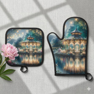 Ensemble De Gant De Cuisine Et De Manique Belvédère du jardin enchanté, reflet du crépuscule