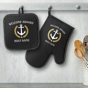 Ensemble De Gant De Cuisine Et De Manique Bienvenue à bord Nom du bateau Ancre Gold Laurel S
