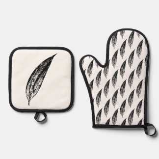 Ensemble De Gant De Cuisine Et De Manique Black and White White Lily Leaf Print