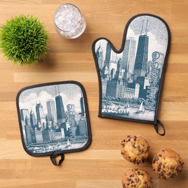Ensemble De Gant De Cuisine Et De Manique Blanc bleu Chicago (De haut en bas)