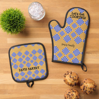 Ensemble De Gant De Cuisine Et De Manique Bleu beige À damiers