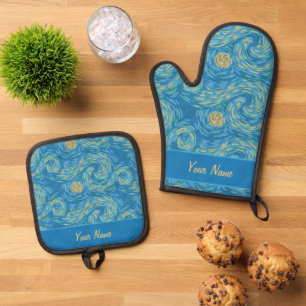 Ensemble De Gant De Cuisine Et De Manique Bleu Clair Et Jaune Doré Van Gogh Soleil et Ciel