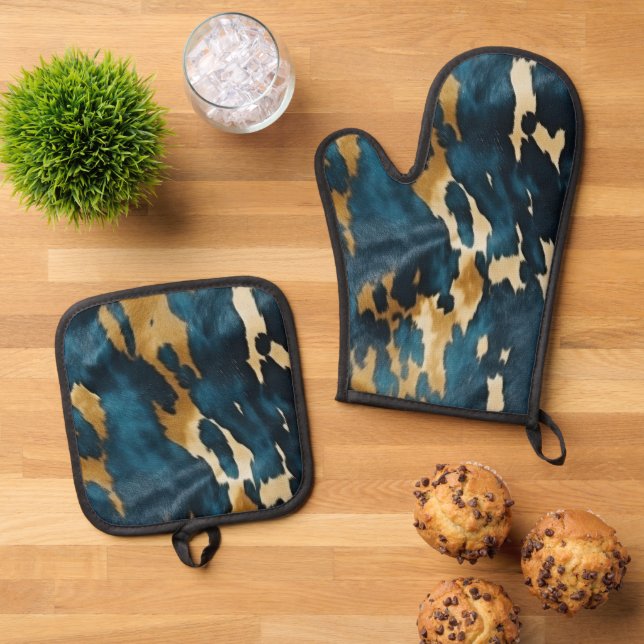 Ensemble De Gant De Cuisine Et De Manique Bleu Crème Occidentale (De haut en bas)
