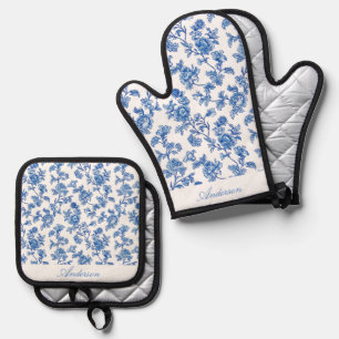 Ensemble De Gant De Cuisine Et De Manique Bleu et blanc Chinoiserie Nom personnalisé