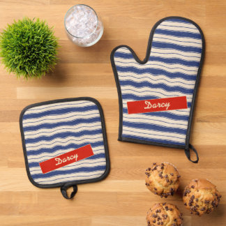 Ensemble De Gant De Cuisine Et De Manique Bleu et blanc ondulé