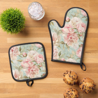 Ensemble De Gant De Cuisine Et De Manique Bleu et rose floral shabby chic