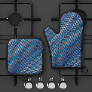 Ensemble De Gant De Cuisine Et De Manique Bleu et violet Moiré rayures - Trippy Abstrait