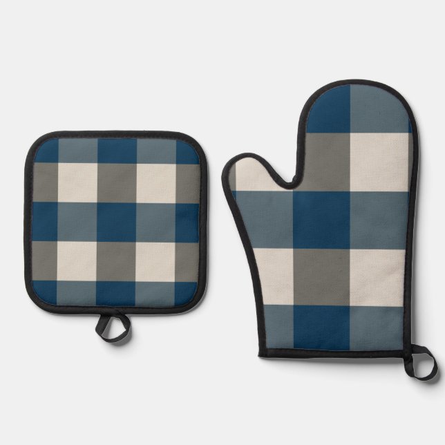 Ensemble De Gant De Cuisine Et De Manique Bleu Gris Blanc Buffle Check (Recto)