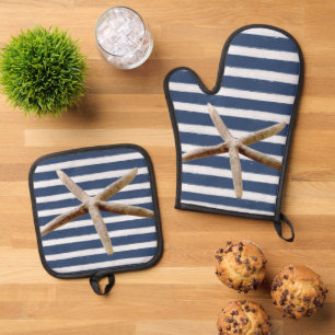 Ensemble De Gant De Cuisine Et De Manique Bleu marine et blanc Grandes étoiles de mer