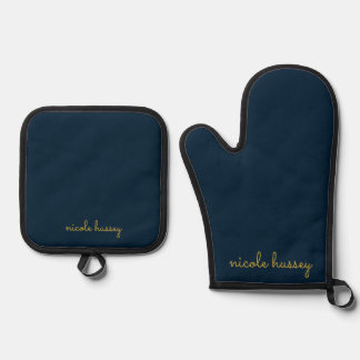 Ensemble De Gant De Cuisine Et De Manique Bleu Nuit Or Script | Monogramme Moderne Élégant