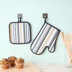 Ensemble De Gant De Cuisine Et De Manique Bleu Or et Rayures de Couleur de Plage Blanche