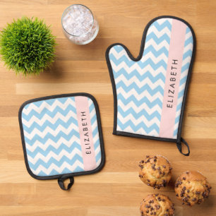 Ensemble De Gant De Cuisine Et De Manique Bleu Zigzag, Bleu Chevron, Vague Motif, Votre Nom