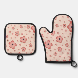 Ensemble De Gant De Cuisine Et De Manique Blossom Chaud Saumon Rose Silver Quilé