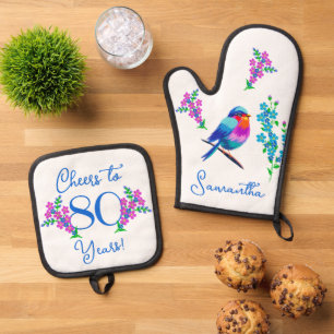 Ensemble De Gant De Cuisine Et De Manique Blue Birdie Oubliez-moi pas Fleur 80e anniversaire