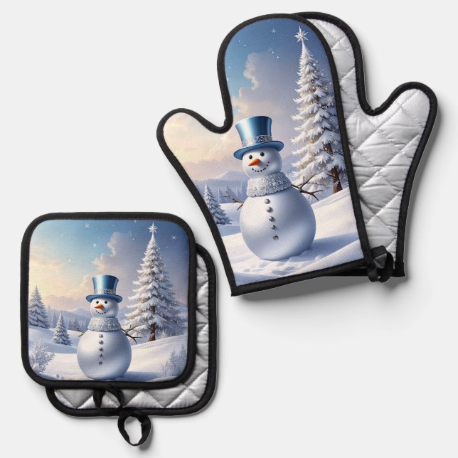Ensemble De Gant De Cuisine Et De Manique Blue Hat Snowman Christmas Tree (Recto/Verso)