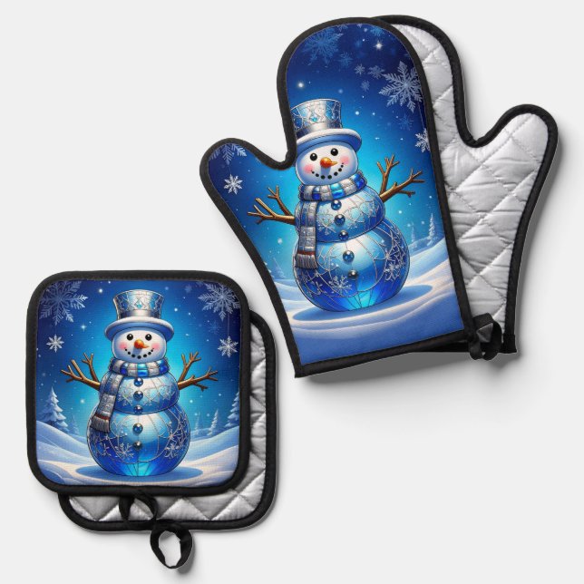 Ensemble De Gant De Cuisine Et De Manique Blue Snowman Snowflakes (Recto/Verso)