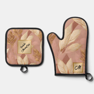 Ensemble De Gant De Cuisine Et De Manique Blush Pink Gold Collection Feuille tendance Boho