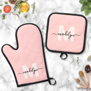 Ensemble De Gant De Cuisine Et De Manique Blush Rose Monogramme Cuisine