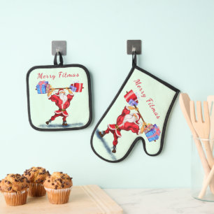 Ensemble De Gant De Cuisine Et De Manique Bodybuilder Santa Claus avec cadeau Noël drôle