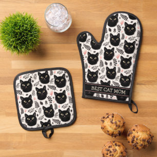Ensemble De Gant De Cuisine Et De Manique Boho Black Cats et Motif Feuille Best Mom