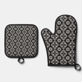 Ensemble De Gant De Cuisine Et De Manique Boho Chic noir et blanc motif floral