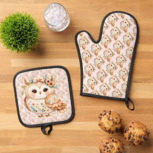 Ensemble De Gant De Cuisine Et De Manique Boho Cottagecore Owl Floral Farmcore Charme
