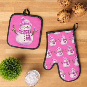 Ensemble De Gant De Cuisine Et De Manique Bonhomme de neige rose doux Noël blanc