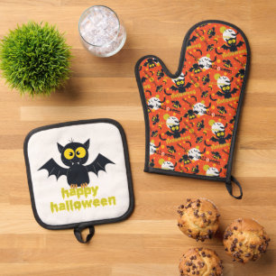 Ensemble De Gant De Cuisine Et De Manique Bonne Halloween Vampire Fang Flying Bats Pleine lu