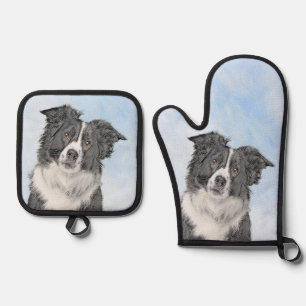 Ensemble De Gant De Cuisine Et De Manique Bordure Collie Peinture Rough Noir & Blanc Chien A