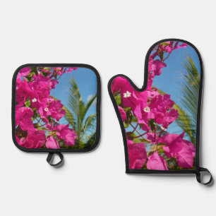 Ensemble De Gant De Cuisine Et De Manique Bougainvilliers et palmiers paysage tropical