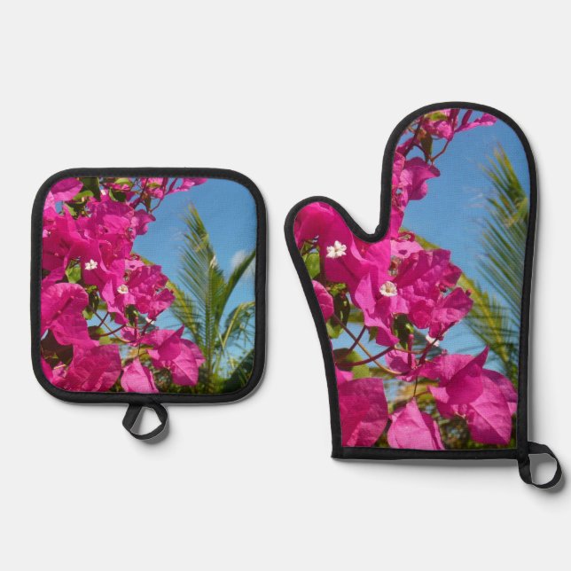 Ensemble De Gant De Cuisine Et De Manique Bougainvilliers et palmiers paysage tropical (Recto)