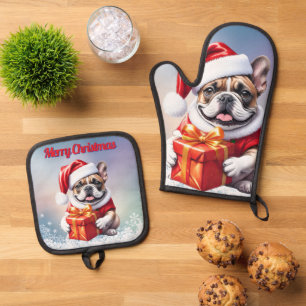Ensemble De Gant De Cuisine Et De Manique Bouledogue français Noël French Bulldog