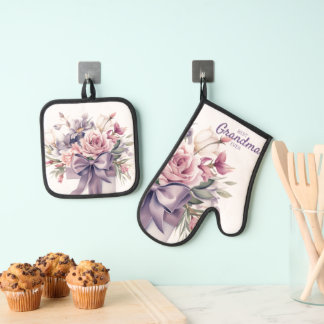 Ensemble De Gant De Cuisine Et De Manique Bouquet de fleurs pastel Meilleur grand-mère jamai