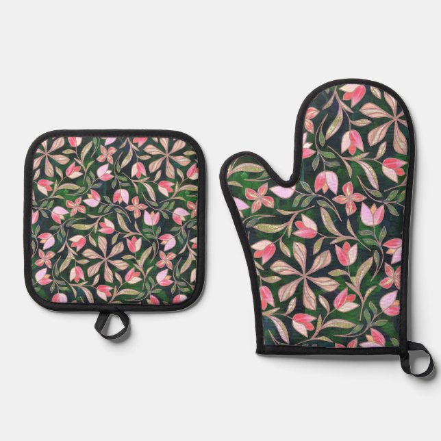 Ensemble De Gant De Cuisine Et De Manique Bouvreuil Rosé  (Recto)