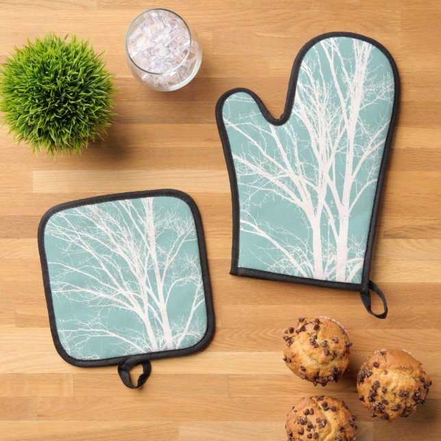 Ensemble De Gant De Cuisine Et De Manique Branches de l'arbre blanc (De haut en bas)
