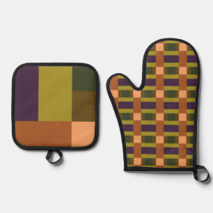 Ensemble De Gant De Cuisine Et De Manique Brown Vert Pêche Violet Bloc de couleur Imprimer G