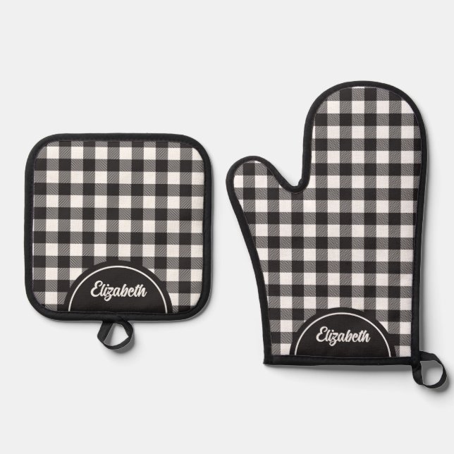 Ensemble De Gant De Cuisine Et De Manique Buffle blanc noir rustique plaqué (Recto)