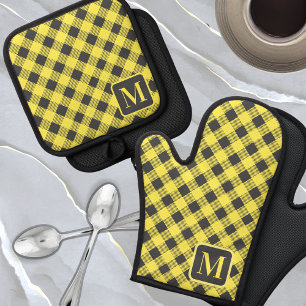 Ensemble De Gant De Cuisine Et De Manique Buffle gris jaune Plaid En vichy Monogramme mou