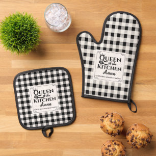 Ensemble De Gant De Cuisine Et De Manique Buffle noir et blanc Plaid Cuisine texte personnal