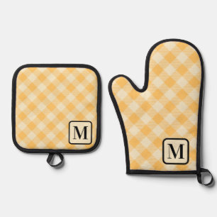 Ensemble De Gant De Cuisine Et De Manique Buffle orange Jaune Plaid En vichy Monogramme
