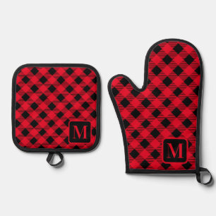 Ensemble De Gant De Cuisine Et De Manique Buffle rouge noir plaqué En vichy Monogramme mou