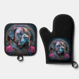 Ensemble De Gant De Cuisine Et De Manique Bull Mastiff Passe Par Un Portail De Temps